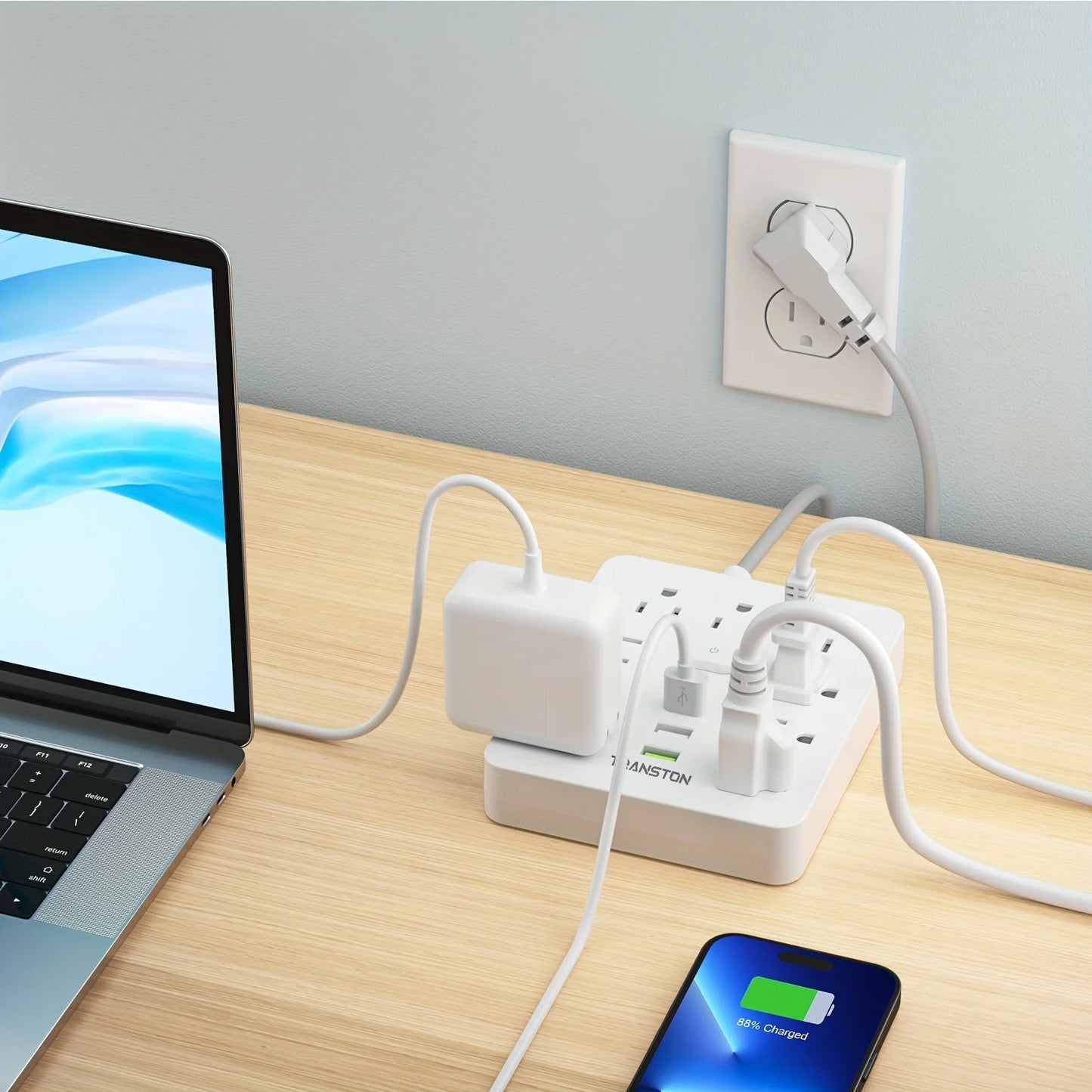 TRANSTON Power Outlet with Surge Protector, 9 power strip 3 USB Ports, 10ft Extension Cord, Quick Charge, For Home and Offic