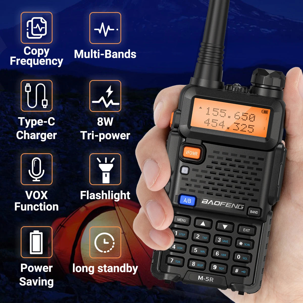 1 or 2PCS Baofeng M-5R 8W Walkie Talkie Multi Band Type-C Long Range