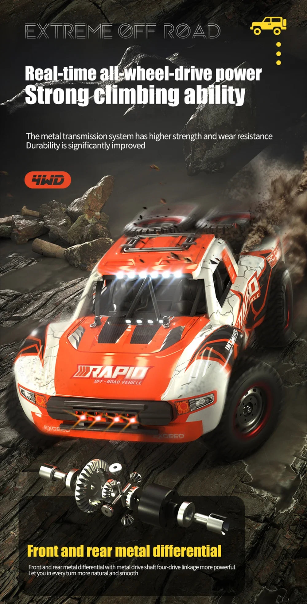 Q130 1/14 Rc Car Off Road With LED 4WD 70km/h High Speed Brushless Motor Monster Truck Desert/Snow Racing Drift Cars Toy for Boy
