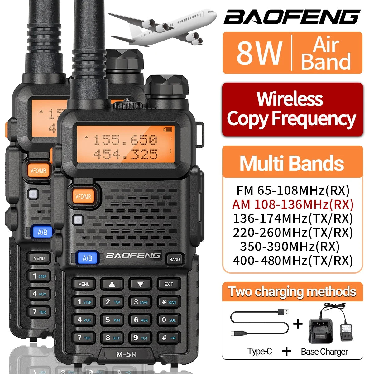 1 or 2PCS Baofeng M-5R 8W Walkie Talkie Multi Band Type-C Long Range