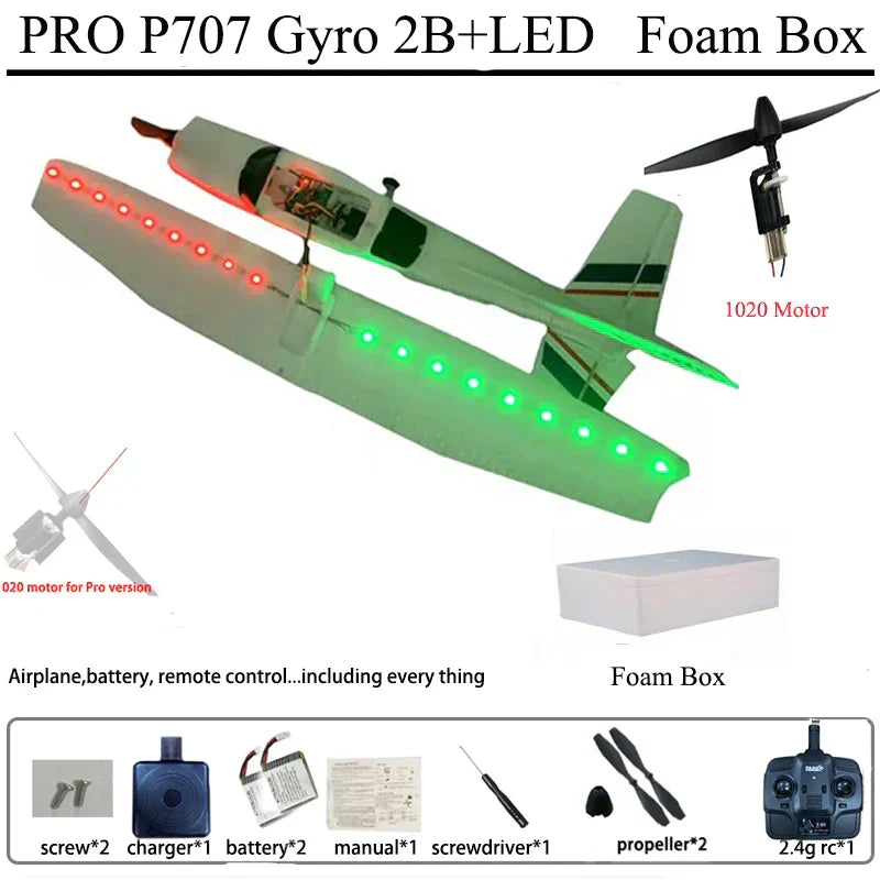 Park10 RC Airplane P707G with 2.4G controller, gyroscope, and LED lights in foam box.