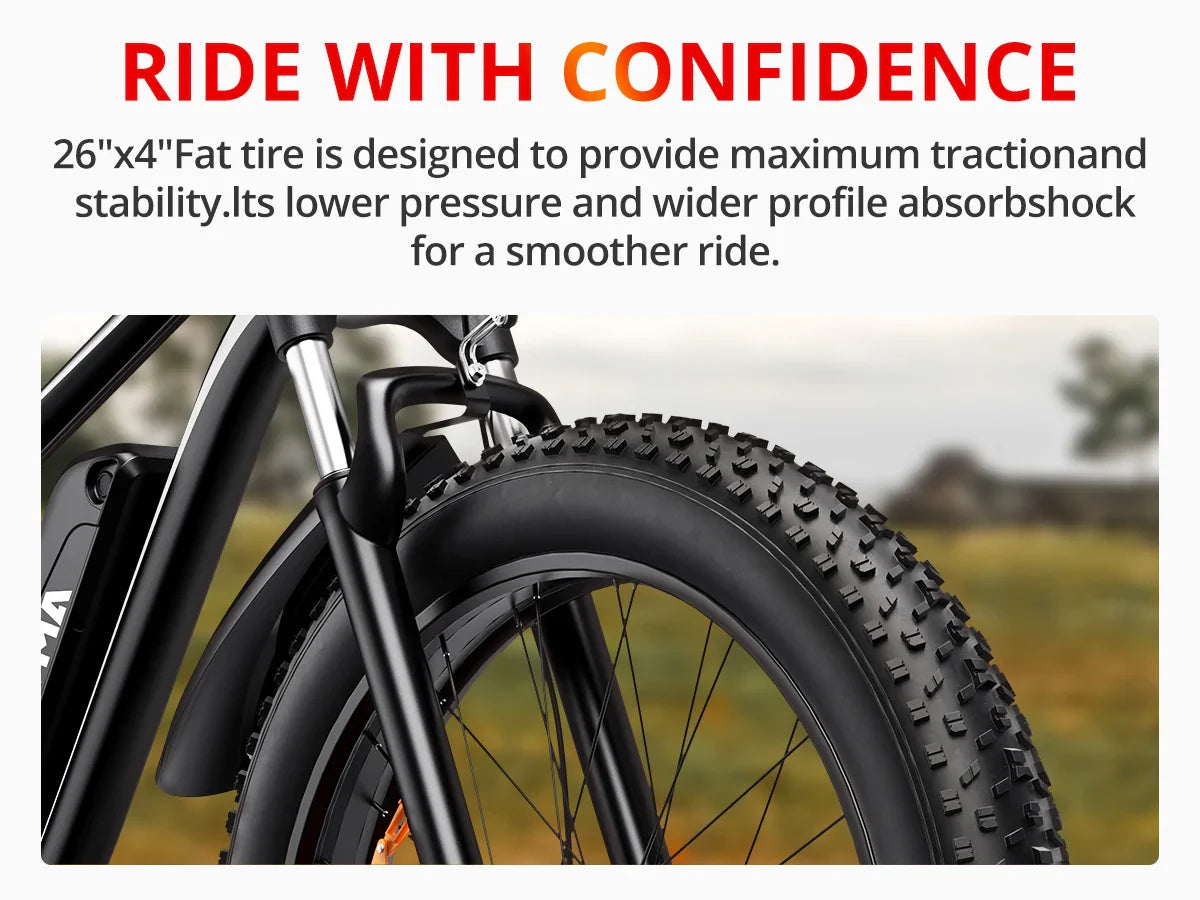 AMYET EB26 1000W electric bike with 26-inch fat tire and dual shock for mountain biking.