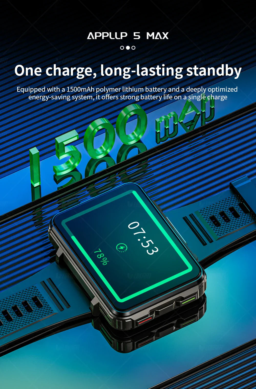 LOKMAT APPLLP 5 MAX Android smartwatch phone with 4G, dual camera, flashlight, and long-lasting 1500mAh battery.