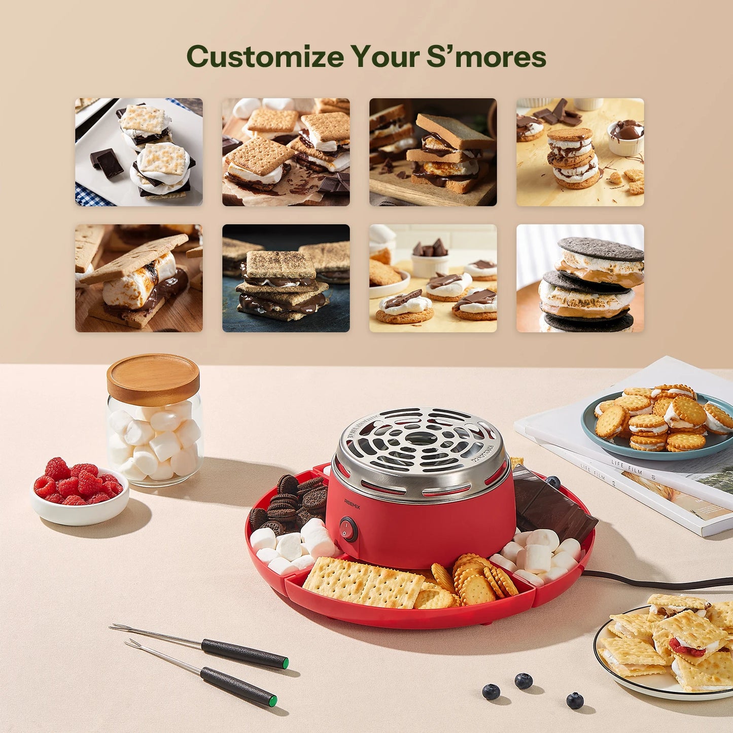 S'mores Maker Tabletop Indoor Electric Marshmallow Roaster with 4 Trays & 6 Forks
