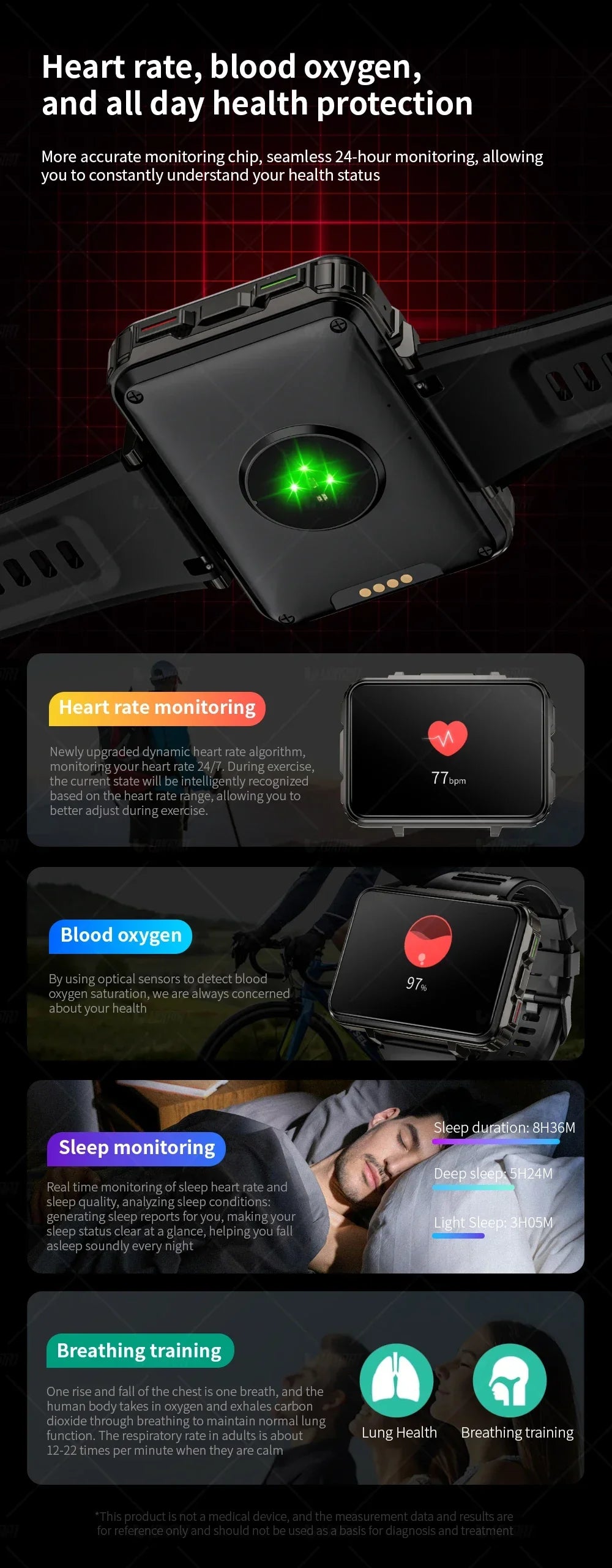 LOKMAT APPLLP 5 MAX Android 4G smartwatch phone with dual camera, flashlight, heart rate, blood oxygen, sleep monitoring, fitness tracker, 2.4-inch square TFT screen, 64GB ROM, 4GB RAM, GPS, Bluetooth 5.0, voice assistant, multitasking, and life waterproof design.