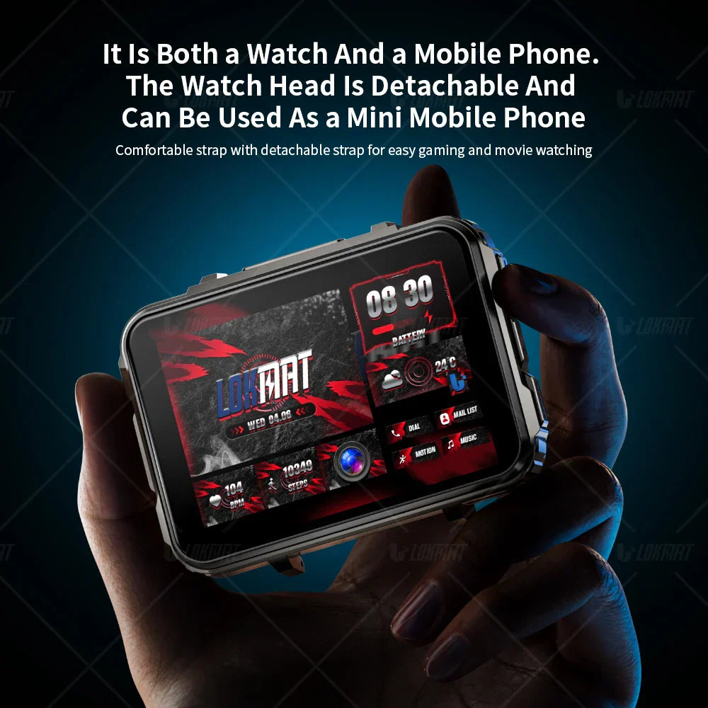 LOKMAT APPLLP 5 MAX Android smartwatch phone with 4G, dual camera, detachable screen, flashlight, fitness and sleep tracker, heart rate monitor, 2.4-inch square TFT display, 64GB ROM, 4GB RAM, voice assistant, GPS, Bluetooth 5.0, life waterproof.