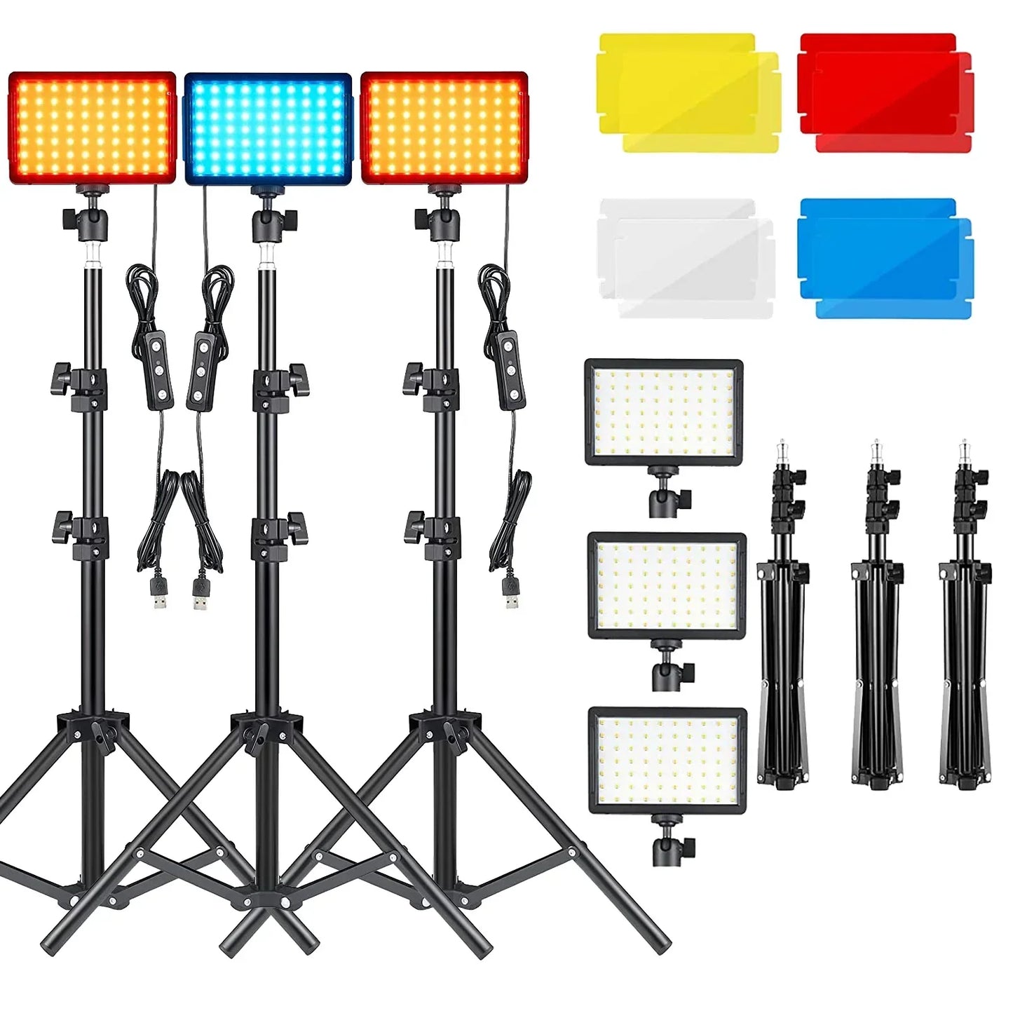 6" LED video light panel with tripod and RGB filter for live streaming, 5600K daylight temperature.