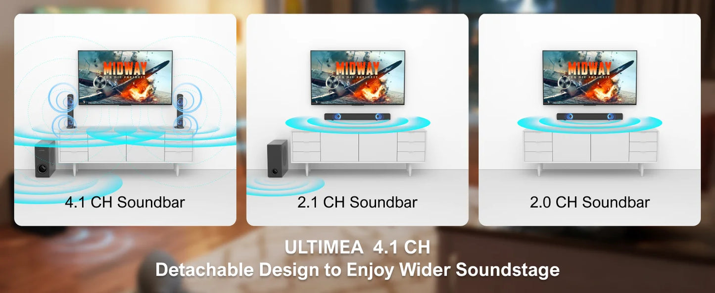 ULTIMEA 200W 4.1ch Detachable Bluetooth 5.3 Soundbar with Subwoofer for Smart TV and Home Theater