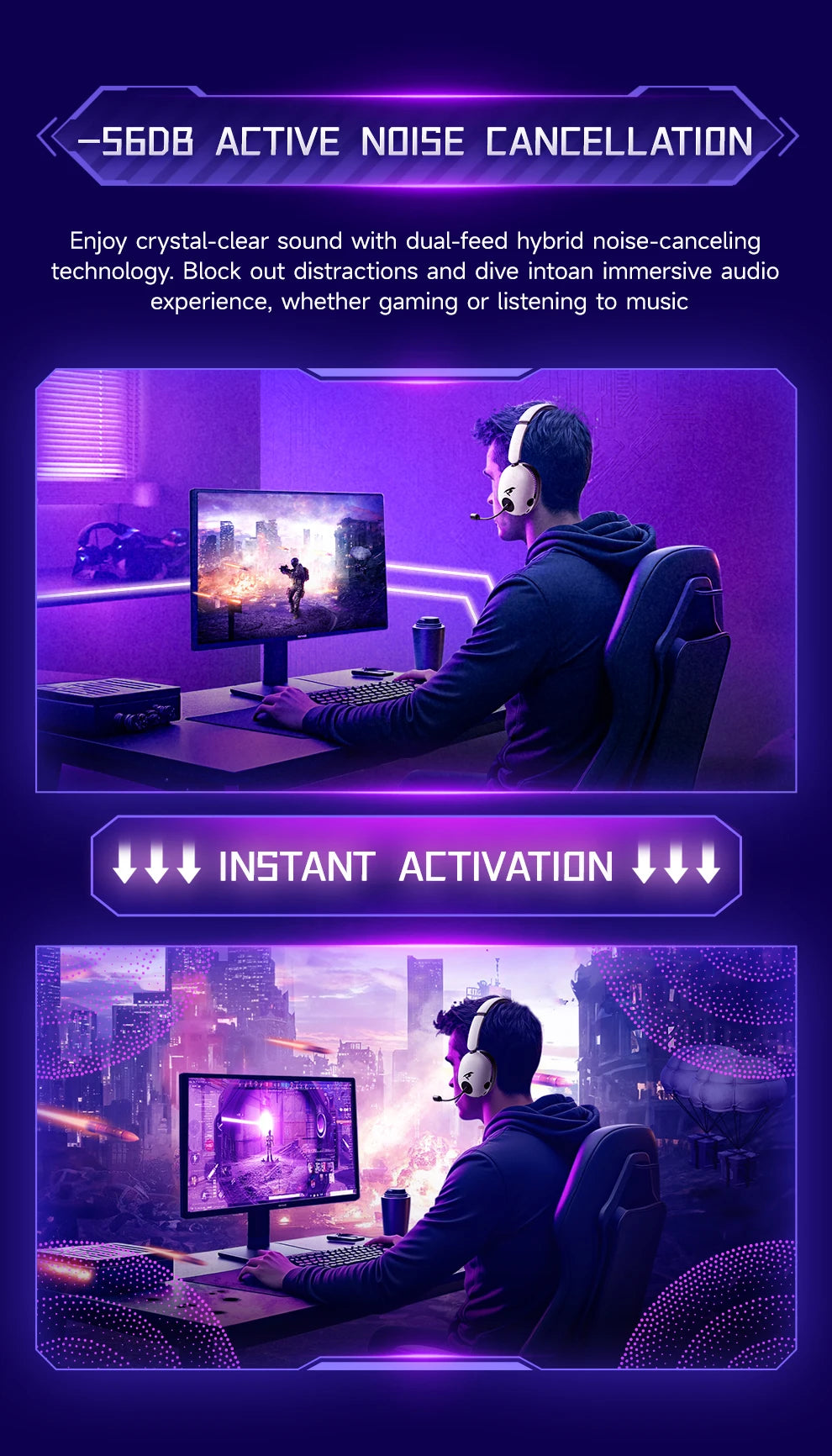 Picun UG-10A Wireless Gaming Headset 2.4G Bluetooth 6.0 Wired 56dB Mic 40mm Drivers Over Ear