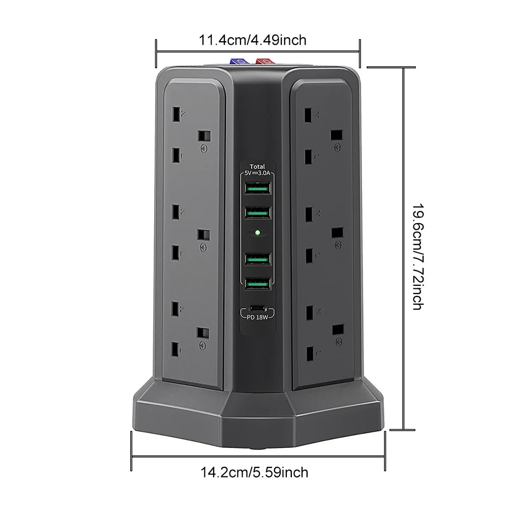 13A 3250W Tower Power Strip with 12 Outlets and 5 USB Ports, PD18W Fast Charging