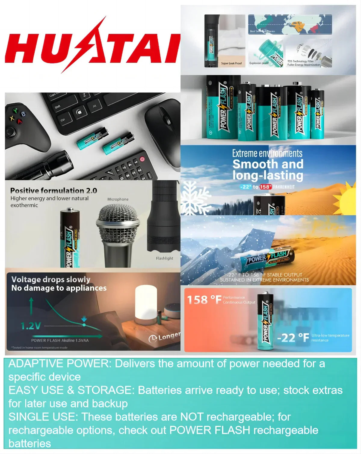 HUATAI PowerFlash AA 100 pack alkaline long-lasting batteries.