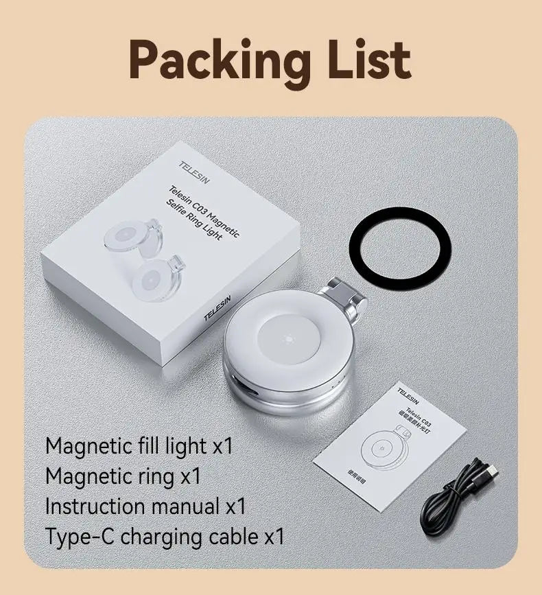 TELESIN 3-in-1 Magnetic Selfie Light with 360° LED Ring MagSafe Mirror and Phone Stand