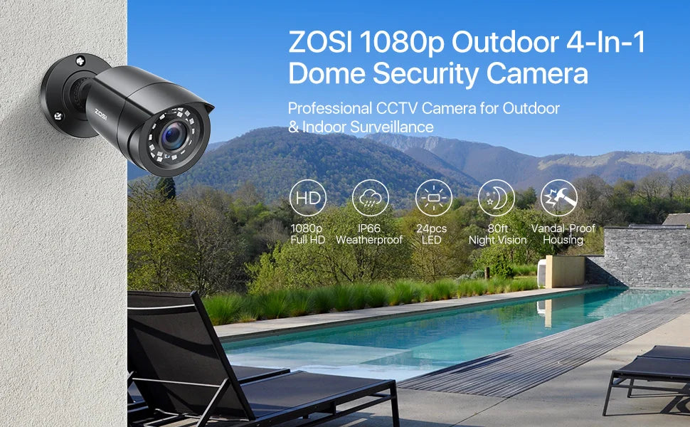 ZOSI 1080P 4 Pack HD TVI indoor/outdoor analog security cameras mounted near a pool, showcasing waterproof and weatherproof features.