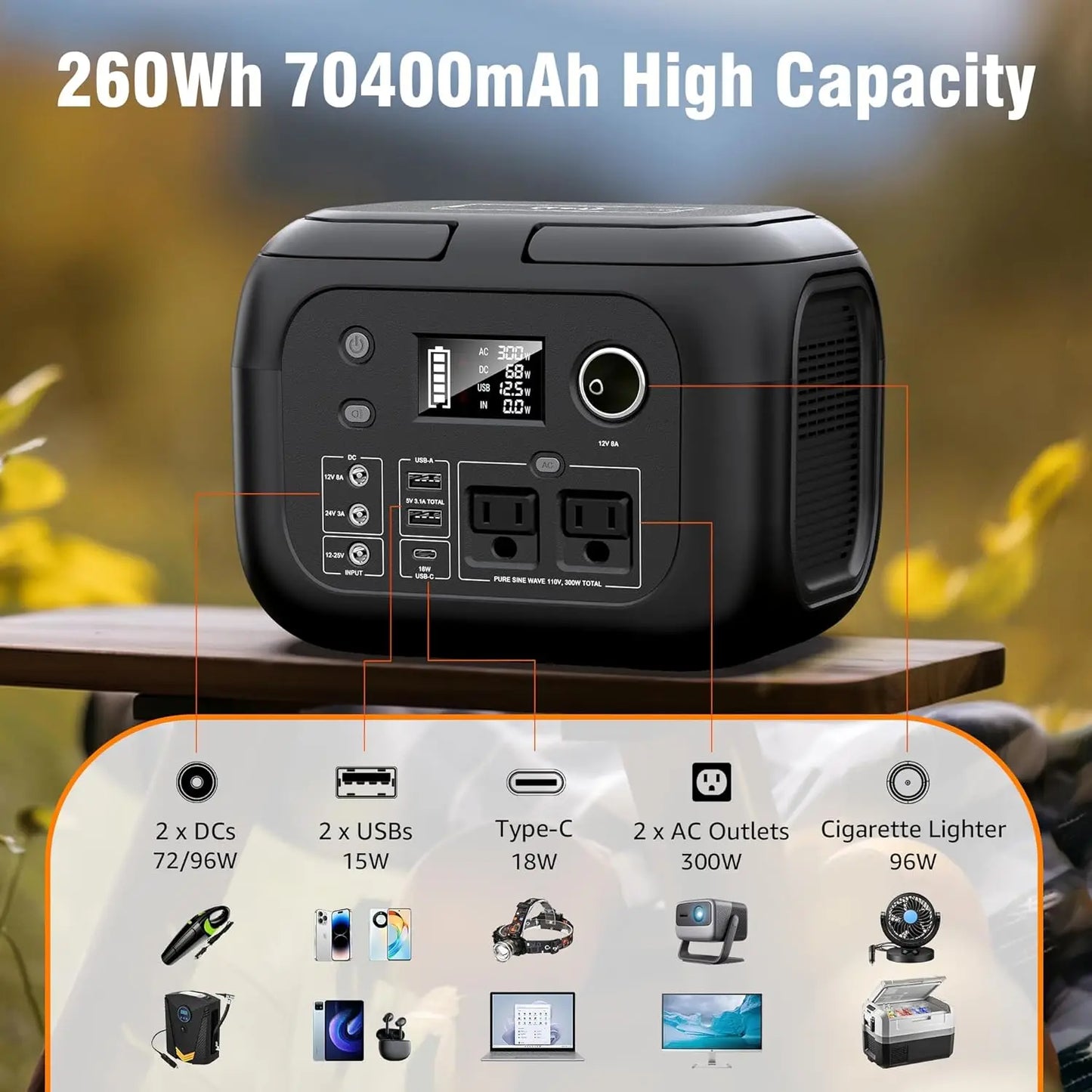 300W Portable Power Station with 260Wh Capacity and 40W Solar Panels AC Outlet 110V for Camping Travel RV