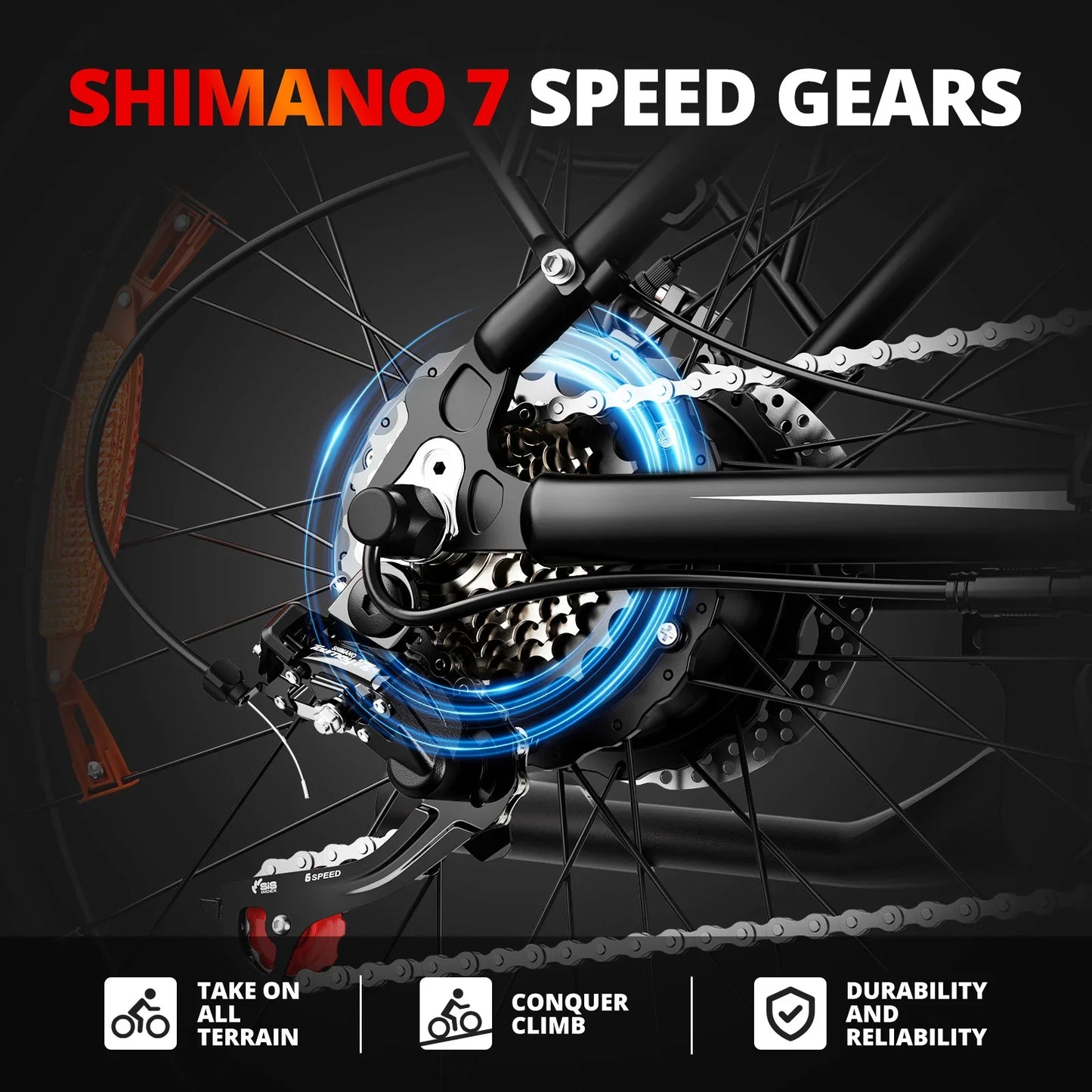 AMYET EB26 1000W Electric Bike with Shimano 7-Speed Gears and 26-Inch Fat Tires.