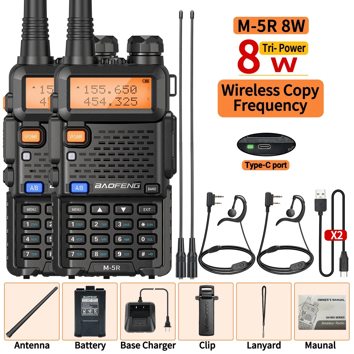 1 or 2PCS Baofeng M-5R 8W Walkie Talkie Multi Band Type-C Long Range