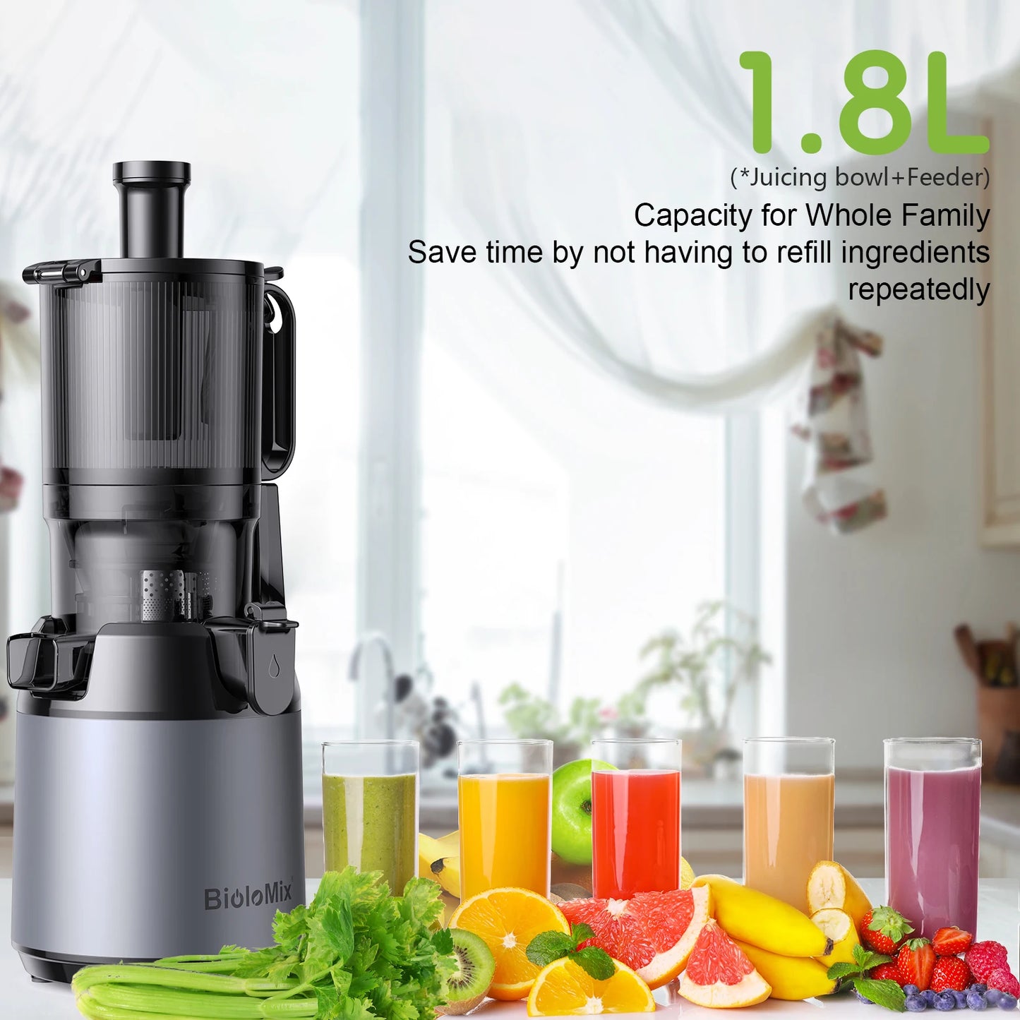 BioloMix Cold Press Juicer 130mm Chute Whole Fruit Vegetable BPA Free Slow Juicer