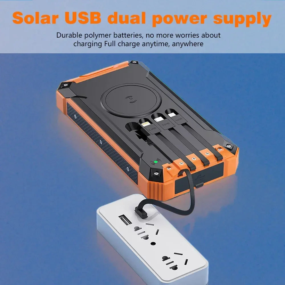 Solar Power Bank 10000mAh Portable Wireless Fast Charging with 4 USB Ports and 2 LED Lights