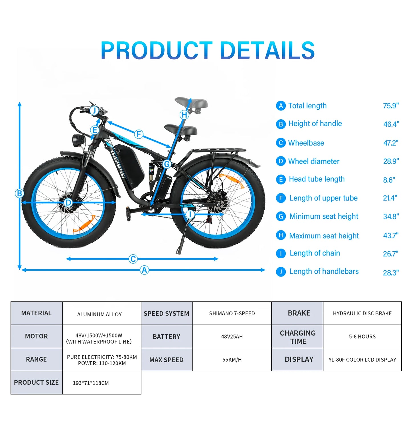 3000W Electric Mountain Bike with Dual Motor 48V 25Ah Lithium Battery Hydraulic Brakes