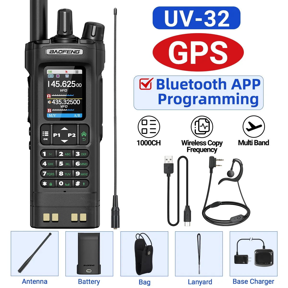 Baofeng UV-32 10W GPS Walkie Talkie Multi Band Bluetooth Type-C Long Range