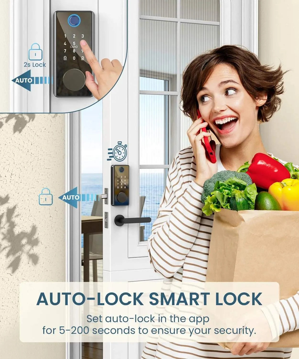 Fingerprint smart door lock with keypad, auto-lock feature, and Bluetooth connectivity on door, woman holding groceries nearby.