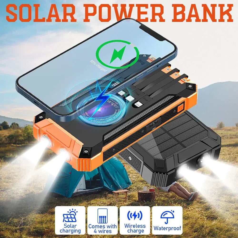 Solar Power Bank 10000mAh Portable Wireless Fast Charging with 4 USB Ports and 2 LED Lights