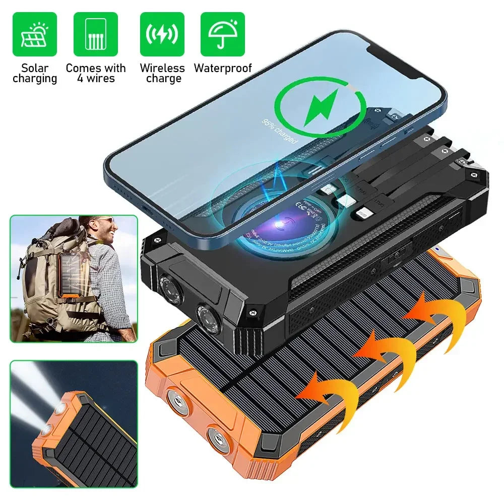 Solar Power Bank 10000mAh Portable Wireless Fast Charging with 4 USB Ports and 2 LED Lights