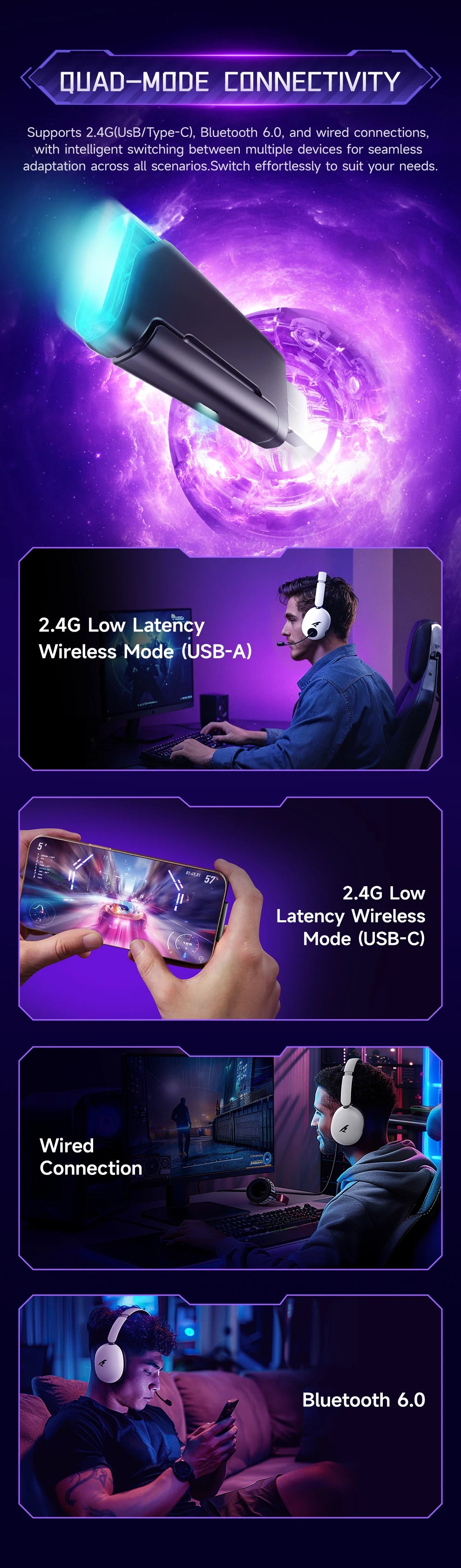 Picun UG-10A Wireless Gaming Headset 2.4G Bluetooth 6.0 Wired 56dB Mic 40mm Drivers Over Ear