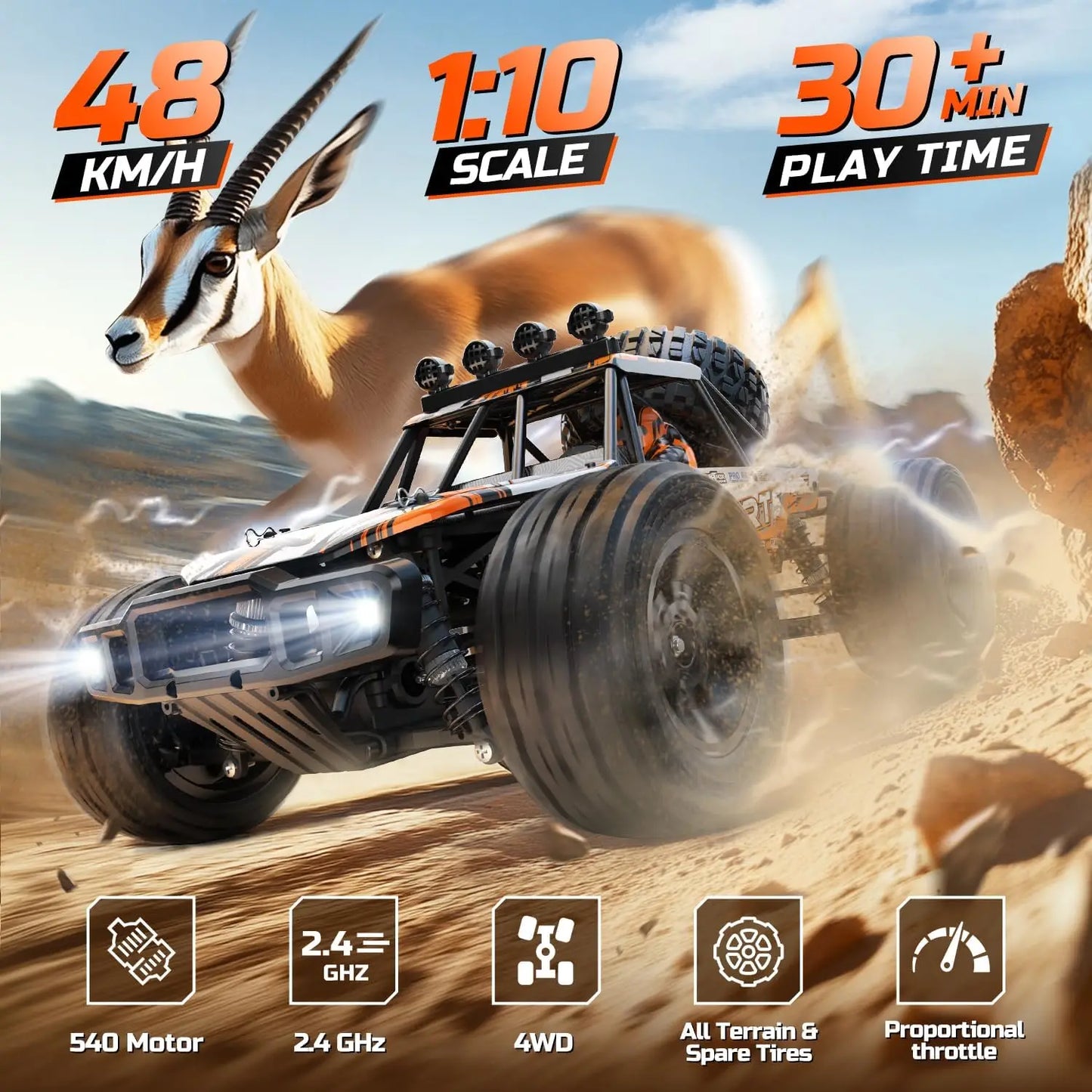 DEERC 9203E 1:10 Scale RC Truck 48KM/H 4X4 Lights 2 Batteries 2.4GHz All-Terrain 30 Min Play