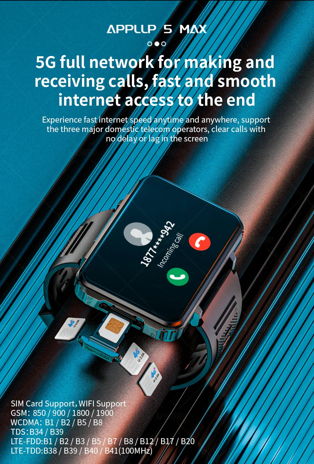 LOKMAT APPLLP 5 MAX Android smart watch phone with 4G, dual camera, flashlight, 2.4-inch square TFT display, 64GB ROM, heart rate and sleep tracker, GPS, 5G network support, and SIM card slot.