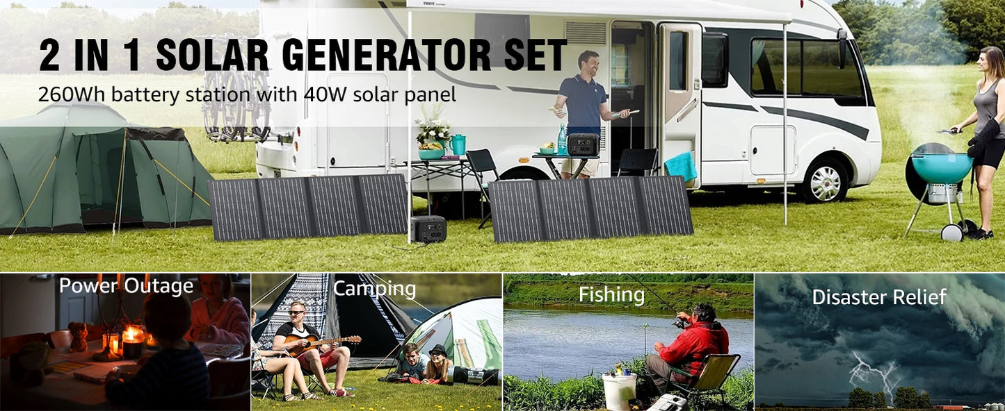 300W Portable Power Station with 260Wh Capacity and 40W Solar Panels AC Outlet 110V for Camping Travel RV