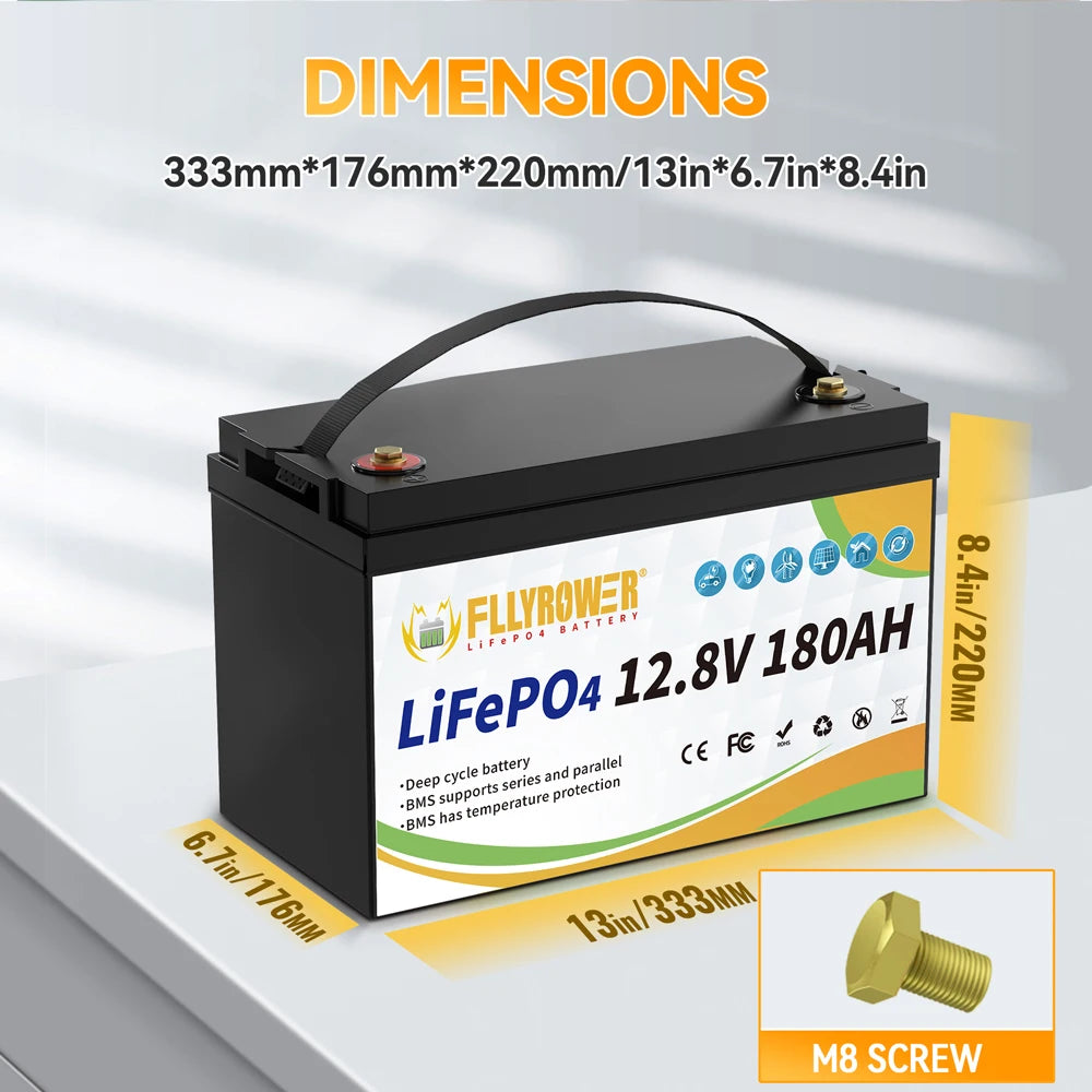 12V 180Ah LiFePO4 Battery Pack with Charger Lithium Iron Phosphate Battery for Campers Solar Wind and Off-Road Use