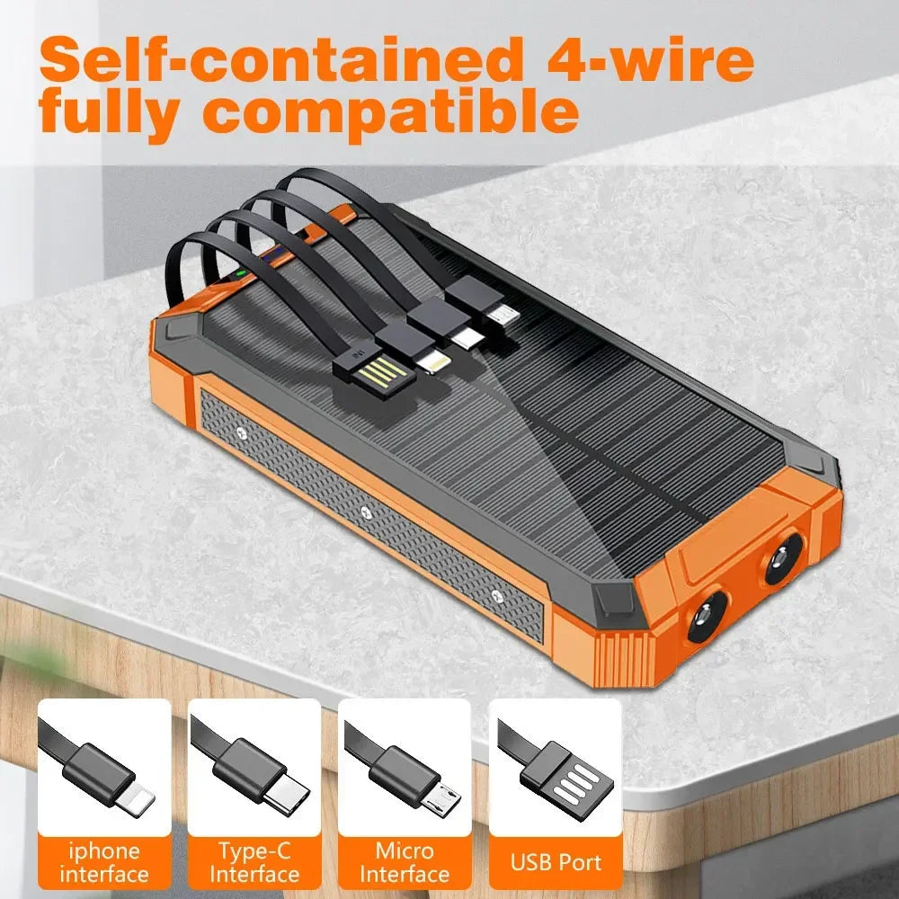 Solar Power Bank 10000mAh Portable Wireless Fast Charging with 4 USB Ports and 2 LED Lights