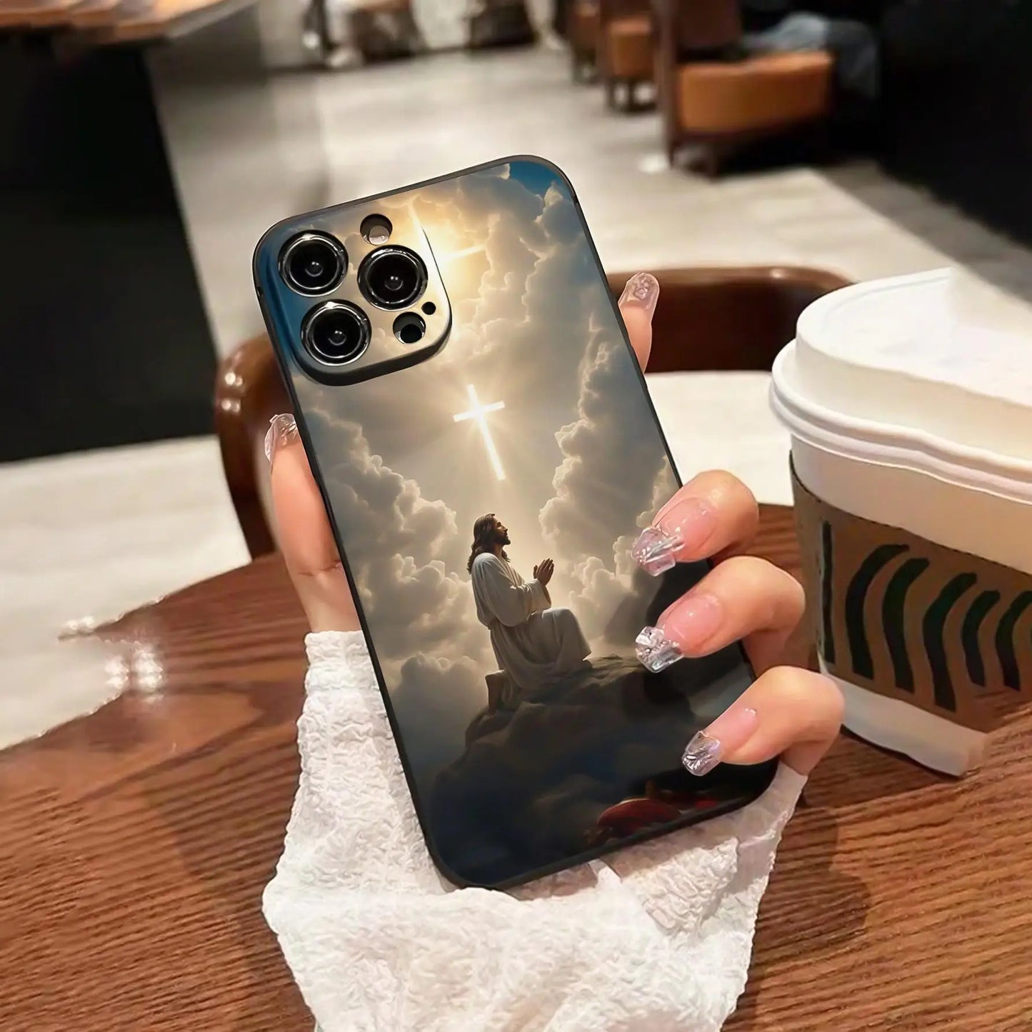 Jesus painting anti-drop phone case for iPhone 16 Pro Max to X/XS, clouds and cross design.