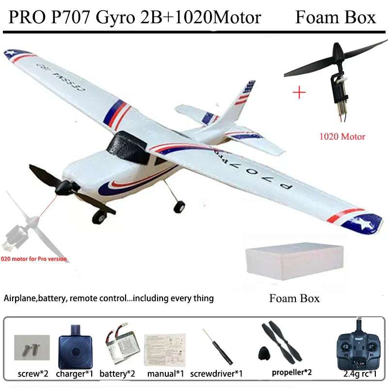 Park10 RC Airplane P707G with 3D/6G Gyroscope, 3-channel, fixed wing Cessna RTF model, complete with accessories.