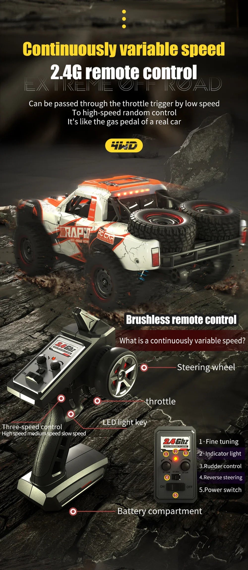 Q130 1/14 Rc Car Off Road With LED 4WD 70km/h High Speed Brushless Motor Monster Truck Desert/Snow Racing Drift Cars Toy for Boy