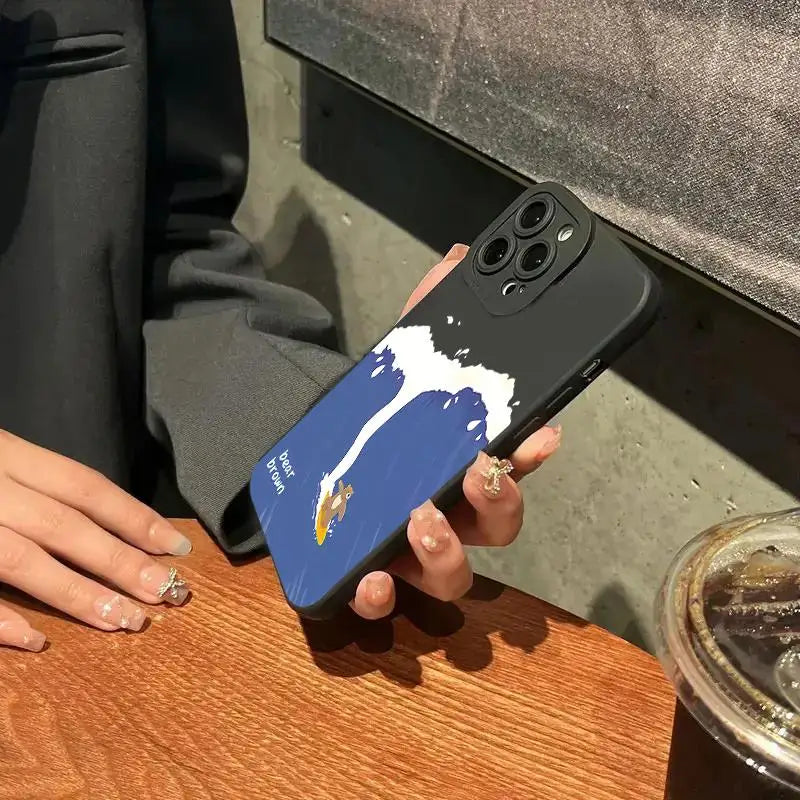 Cartoon Surfing Bear phone case for iPhone 16 Pro Max to X.