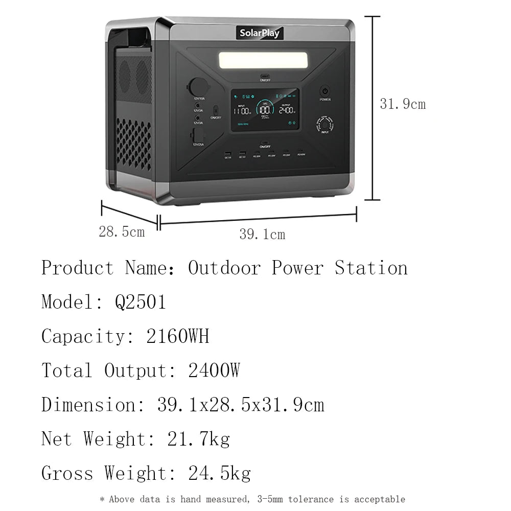 SOLARPLAY Q2501 Portable Power Station 2304Wh LiFePO4 Battery 2500W Output 4800W Peak Solar Generator