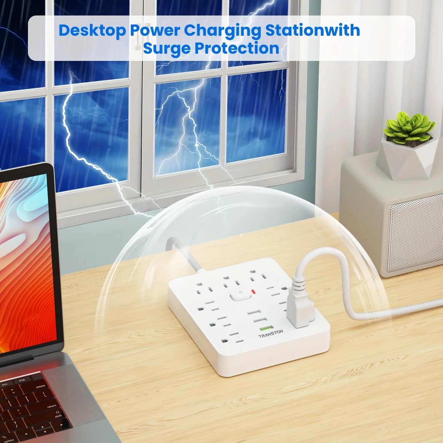 TRANSTON Power Outlet with Surge Protector, 9 power strip 3 USB Ports, 10ft Extension Cord, Quick Charge, For Home and Offic