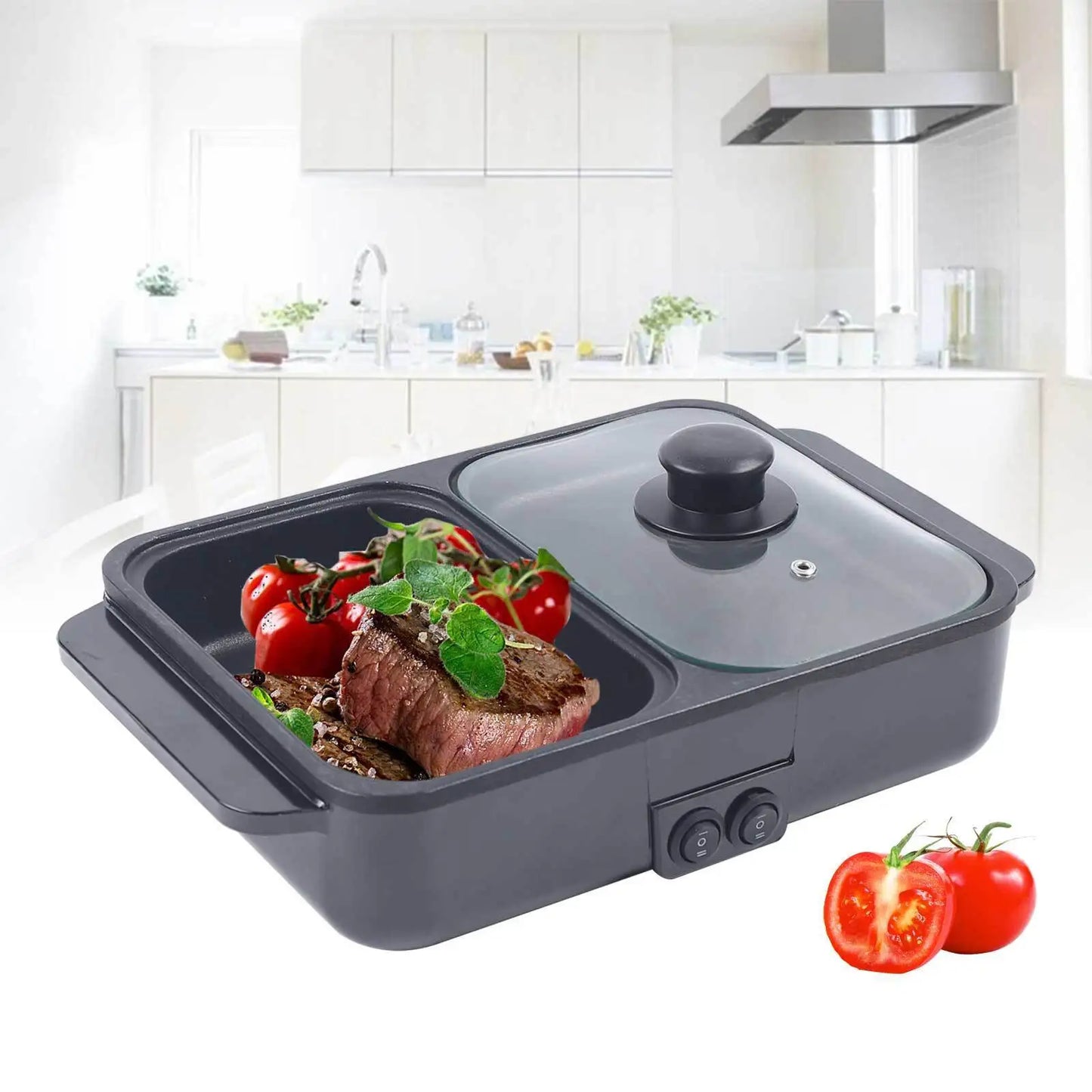 Electric hot pot and grill combo with cooked steak and tomatoes in modern kitchen