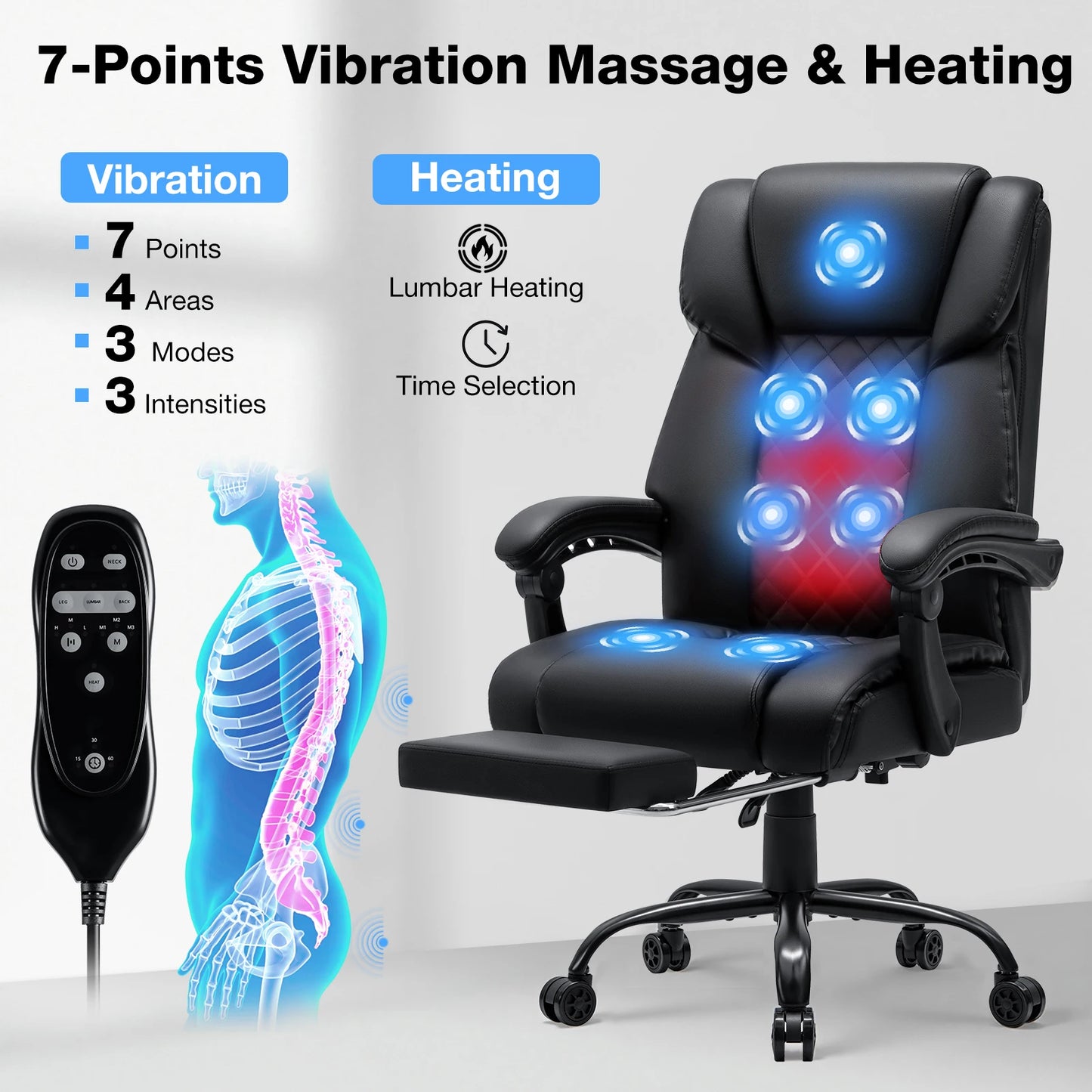 Black Massage Office Chair with Heat and Footrest Reclining