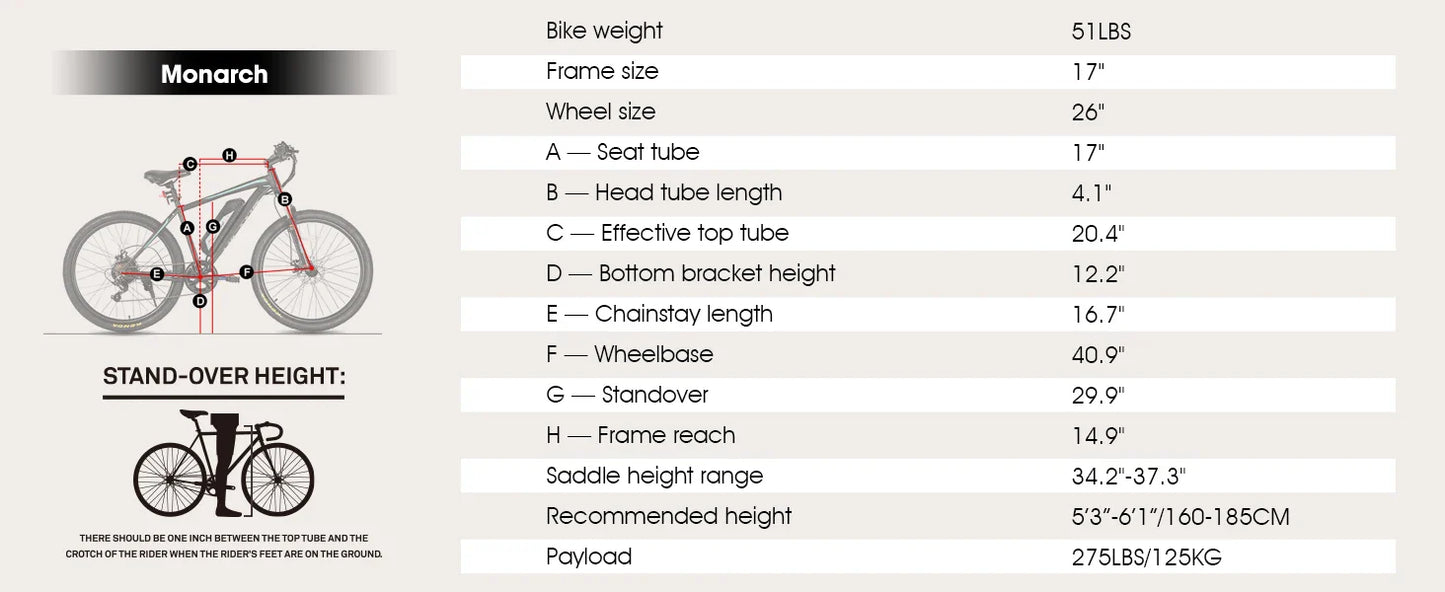 HILAND 26 Inch Electric Mountain Bike specifications chart with frame geometry details and recommended height.