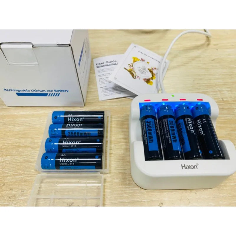 AA 3A 3500mWh 1.5V Li-ion rechargeable battery by Hixon, ideal for cameras and toys, shown with charger and packaging.