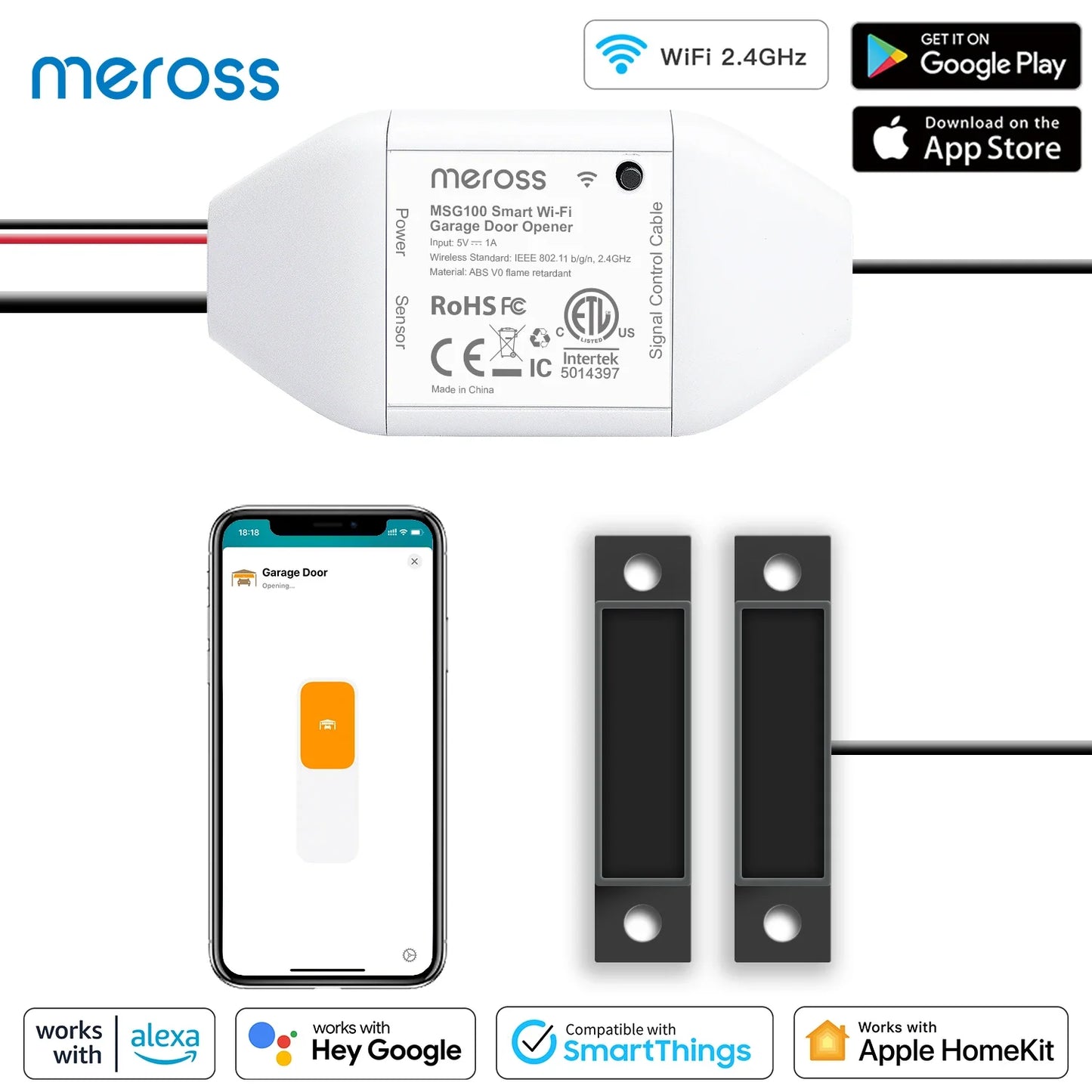 Meross HomeKit WiFi Smart Garage Door Opener Controller, Model MGS100, compatible with Alexa and Apple HomeKit.