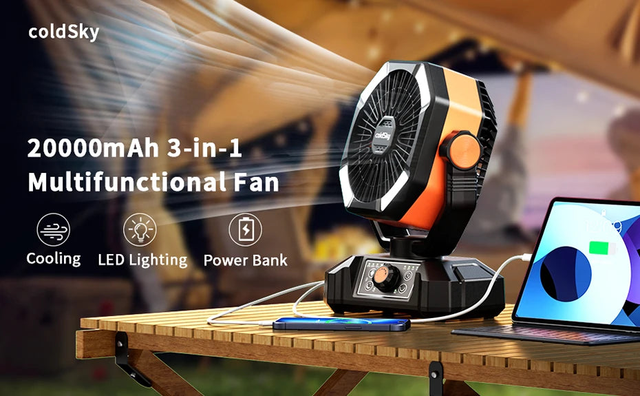 coldSky 20000mAh Battery Camping Fan with LED Lantern & 8 Speeds