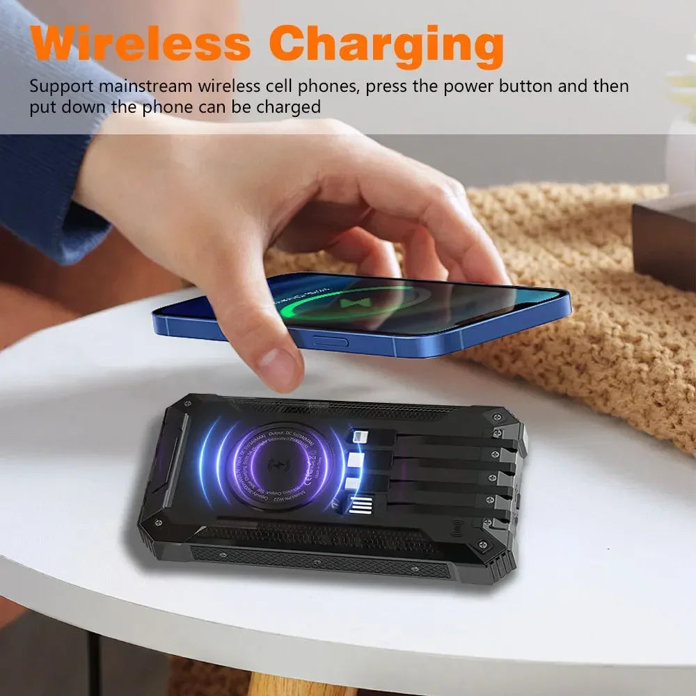 Solar Power Bank 10000mAh Portable Wireless Fast Charging with 4 USB Ports and 2 LED Lights