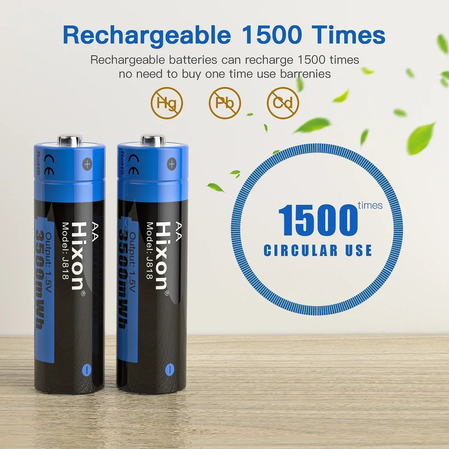 AA 3A 3500mWh 1.5V Li-ion rechargeable batteries by Hixon, suitable for cameras and toys, shown with rechargeable feature (charger sold separately).