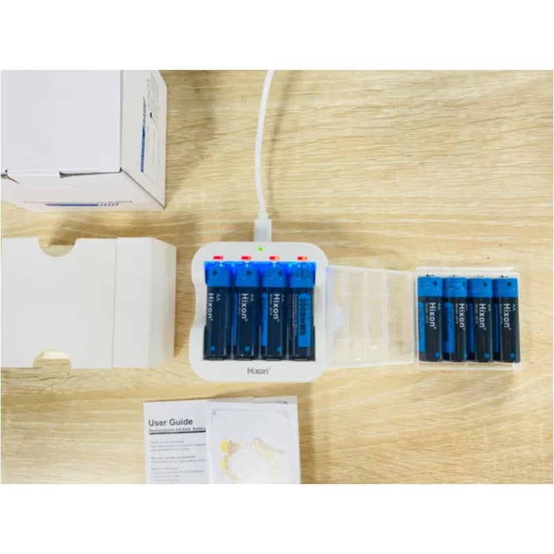 AA 3A 3500mWh Li-ion rechargeable batteries in charger, Hixon brand.