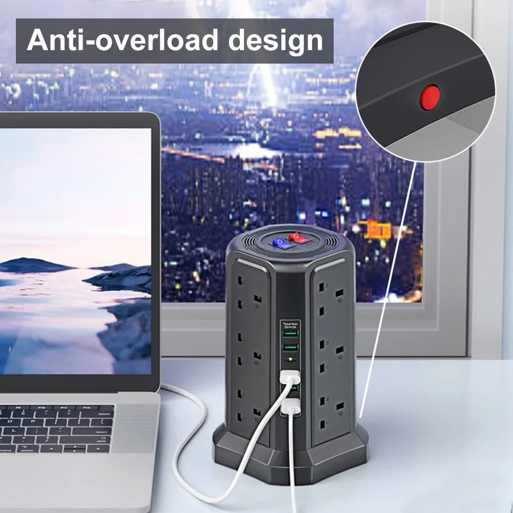 13A 3250W Tower Power Strip with 12 Outlets and 5 USB Ports, PD18W Fast Charging