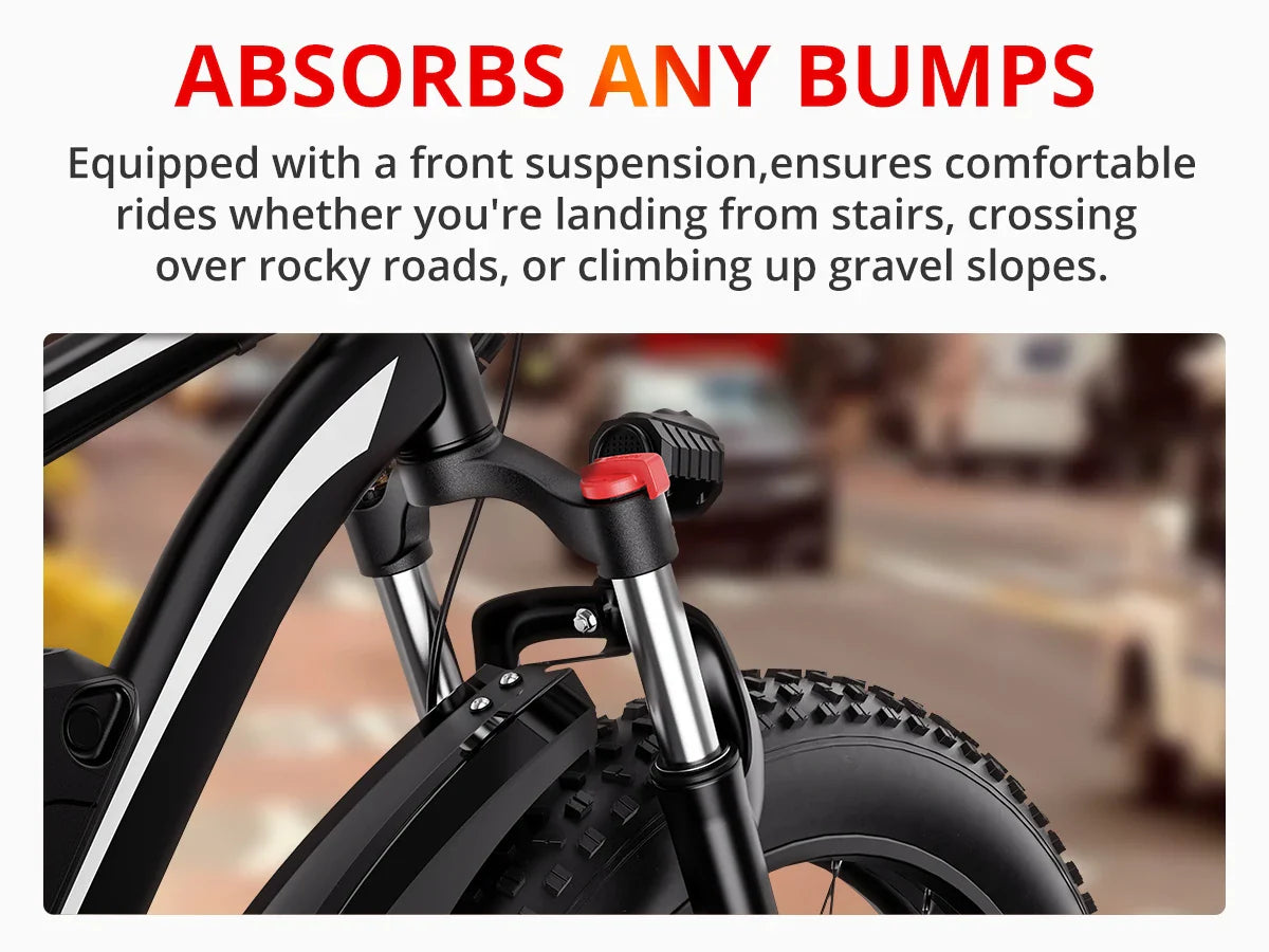 AMYET EB26 1000W electric mountain bike with 26-inch fat tires and dual shock suspension, ideal for rough terrain.